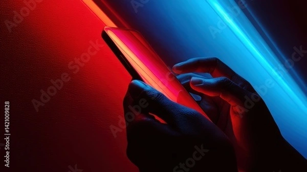 Fototapeta Close up Young man's hand holding mobile phone with empty screen against neon purple blue background,Male hand with smartphone. Blank white screen. Mock-up Red and blue neon light in dark black room.