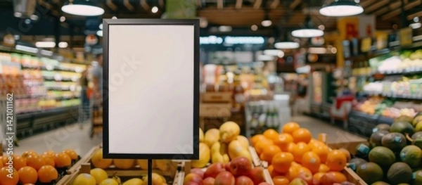 Fototapeta Blank Sign Displaying in a Fresh Produce Section of a Grocery Store Market