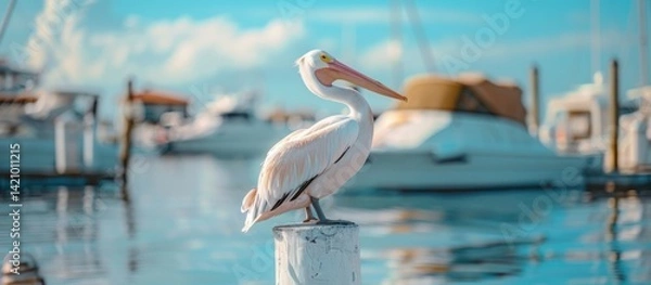 Fototapeta Graceful pelican perches on a dock post, with yachts blurred in the background