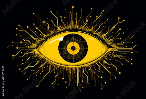 Fototapeta Cybernetic Eye: Yellow Circuitry on Black