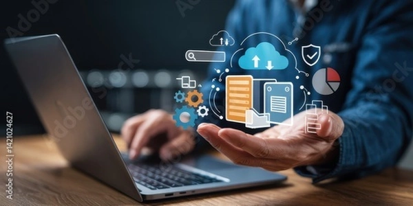 Fototapeta Cloud computing services displayed in a hand.