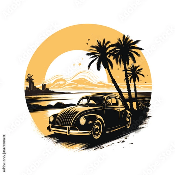 Fototapeta Retro Car at Beachside Sunset with Palm Trees Illustration