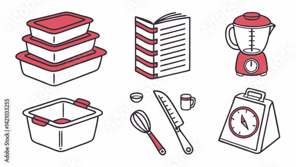 Fototapeta Red White Line Art Kitchenware Icons: Blender Cookbook Containers Knife