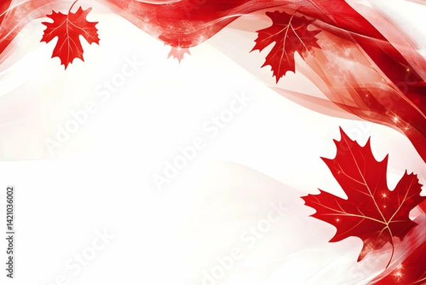 Fototapeta Elegant background with soft red maple leaves flowing across white space for Canada Day design.