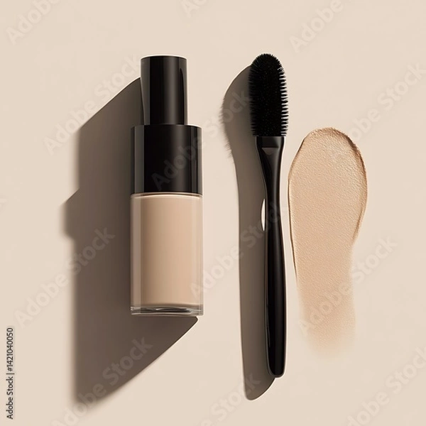 Fototapeta Cosmetic branding, mua and girly concept - Eyeshadow palette and make-up brush on beige background,