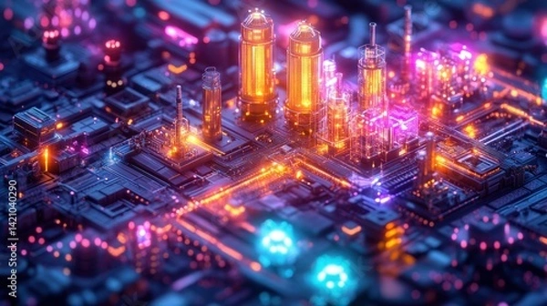 Fototapeta Futuristic city built on a circuit board, vibrant neon lights illuminating intricate structures
