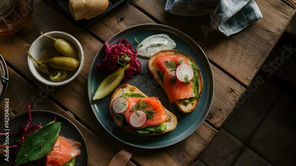 Fototapeta Freshly Prepared Smoked Salmon Sandwiches with Herbs and Accompaniments on Wooden Table