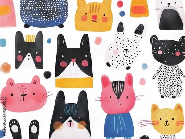 Fototapeta Whimsical Animal Parade A playful pattern of colorful stylized cats and rabbits