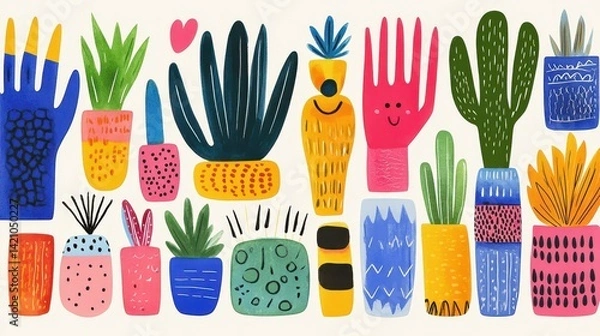 Fototapeta Whimsical houseplants pots  handlike plants create a colorful garden collage