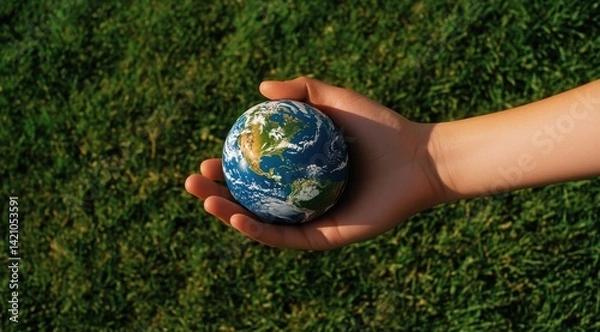 Fototapeta Holding Globe in Hand Over Green Grass Background