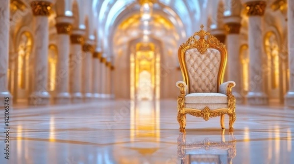 Fototapeta Royal Throne in Grand Hall: A luxurious golden throne stands regal and majestic within a breathtaking palatial hall, inviting viewers to imagine the splendor and power associated with it.