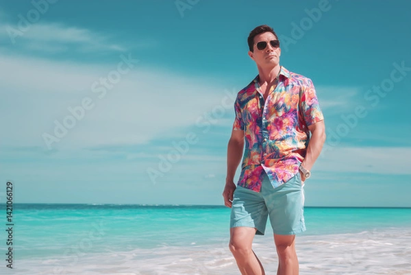 Obraz man dressed in a colorful Hawaiian shirt and shorts stands on a sunny beach, exuding relaxed vacation vibes