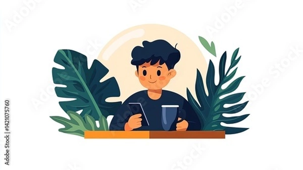 Obraz Young person using phone and drinking coffee