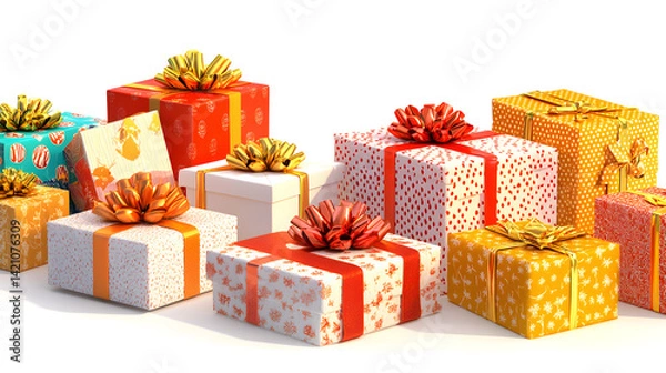 Fototapeta A collection of red and white gift wrapped presents with a red and gold ribbon bows isolated against a transp
