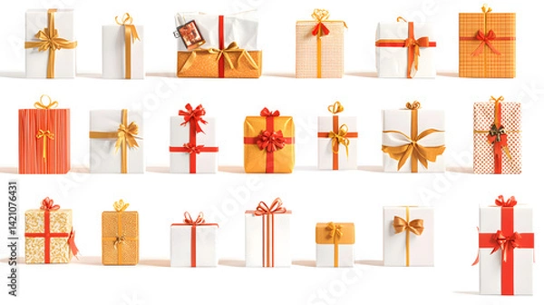 Fototapeta A collection of red and white gift wrapped presents with a red and gold ribbon bows isolated against a transp