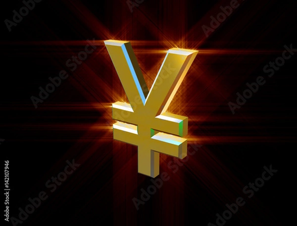 Obraz three-dimensional image of golden yen symbol among the colored rays