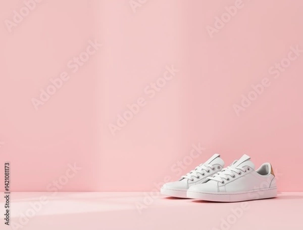Obraz Minimalist Fashion Photo of White Sneakers on Pastel Pink Background with Soft Shadows


