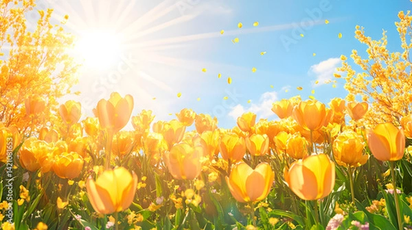 Fototapeta A collection of yellow tulips flower isolated on a flat background