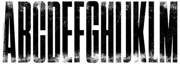 Fototapeta Textured Font. Rough Letterpress Texture Ultra Condensed Font. Extremely detailed, individually textured characters with a distressed, faded printed texture. Part 1 of 2