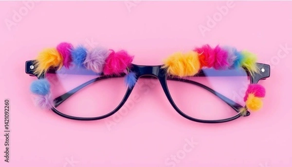 Fototapeta Multicolored fuzzy eyeglasses on pink backdrop