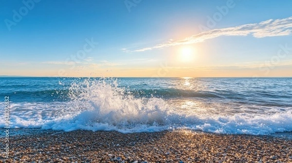 Obraz Ocean wave crashing on a pebble beach at sunset.  The sun shines brightly in a clear sky.