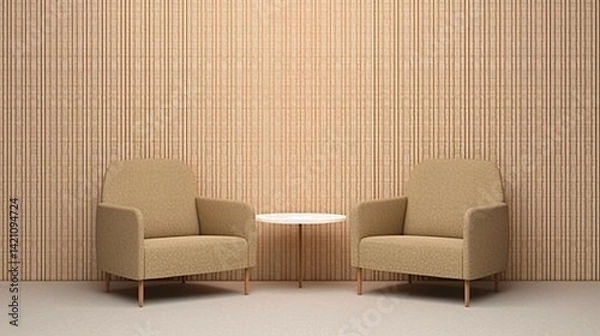 Obraz Minimalist Interior Design Two Armchairs and Small Table Against a Textured Wall
