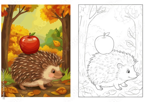 Fototapeta Colorful hedgehog carrying an apple in a vibrant autumn forest. Coloring book or page with colored example.