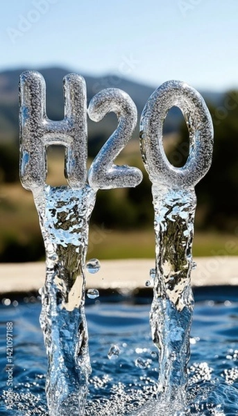 Obraz Water molecule (H2O) formed by flowing water, representing the essence of hydration and the life-giving properties of water.