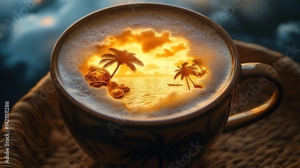 Fototapeta Lux Latte fantasy--A treasure island scene from 'Sea of Thieves' reflected inside coffee foam, glowing treasure, palm trees, cloudy sky inside cup