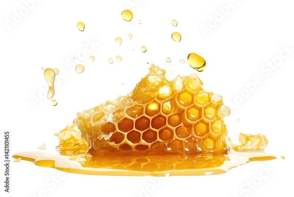 Fototapeta Sweet honey dripping from falling honeycombs frozen mid air against a plain white background