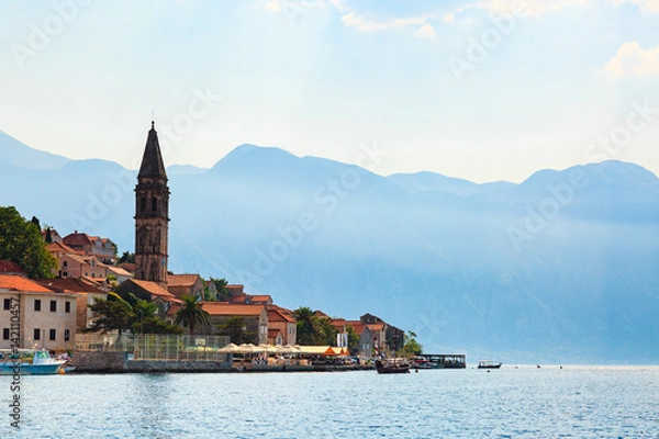 Fototapeta Waterfront of Perast old town against mountains in Bay of Kotor, Montenegro.