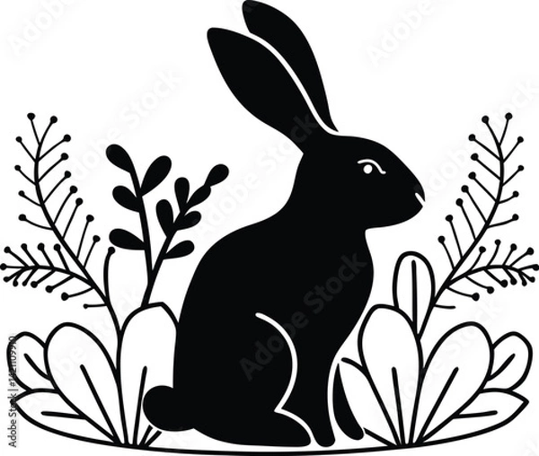 Fototapeta Elegant Black Rabbit Vector Design with Floral Elements