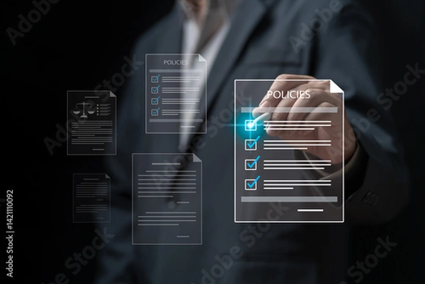 Obraz Checklist online Policies and Requirements document concept, Businessman checking steps online policies document, Practices and follow up company articles of association, Terms Conditions, Inspection