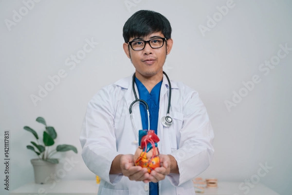 Fototapeta At the clinic, the cardiologist discussed the latest advancements in cardiology with the patient, emphasizing the importance of regular health check-ups for disease prevention and care.