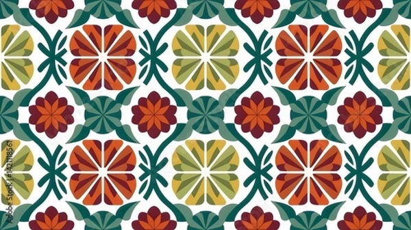 Fototapeta White Background Wallpaper with Repeating Ethnic Batik Pattern of Flowers and Leaves