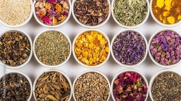 Obraz Assorted dried herbs and spices in small white bowls (2)