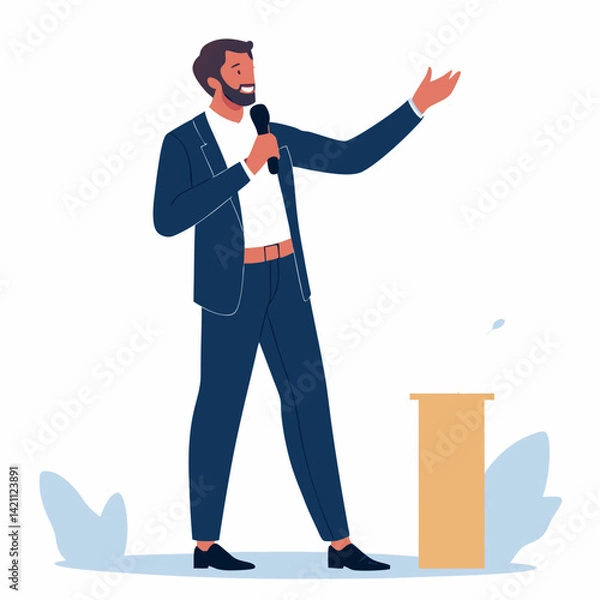 Fototapeta Create a vector illustration of a CEO delivering a powerful keynote speech, bold outlines, strong graphic style.