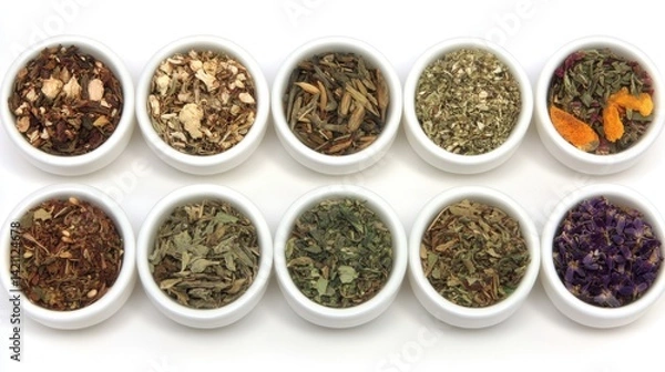 Obraz Assorted herbal teas in small white bowls