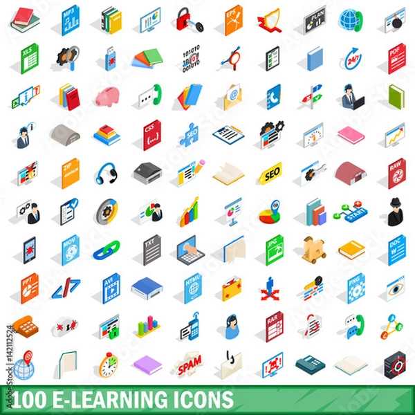 Obraz 100 e-learning icons set, isometric 3d style