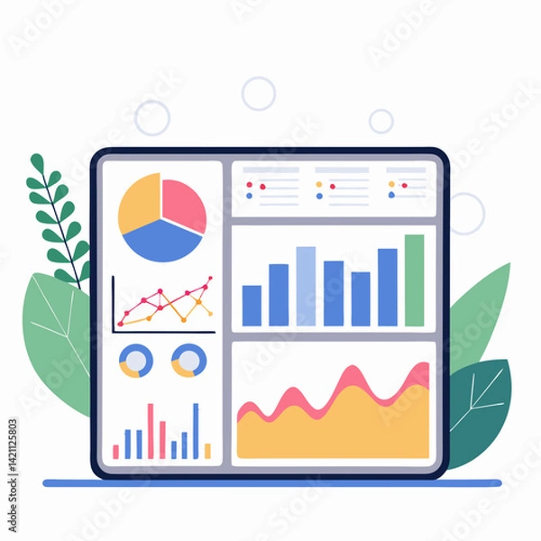 Obraz Create a bold, vector illustration of a mobile phone with business analytics graphs and charts displayed prominently.  Use strong, contrasting colors.