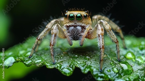 Fototapeta A close up of a jumping spider on a leaf