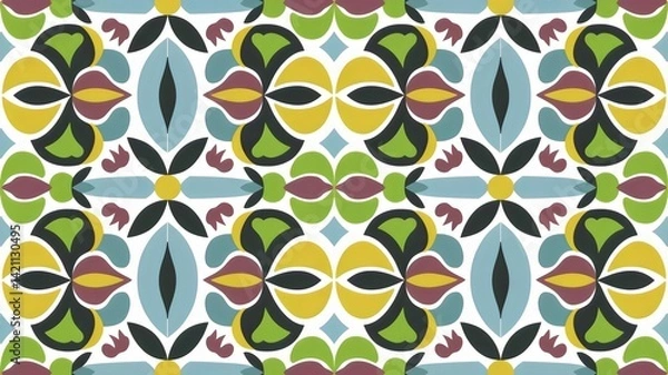 Fototapeta Ethnic Batik Pattern with Geometric Shapes and Floral Motifs – White Wallpaper Background