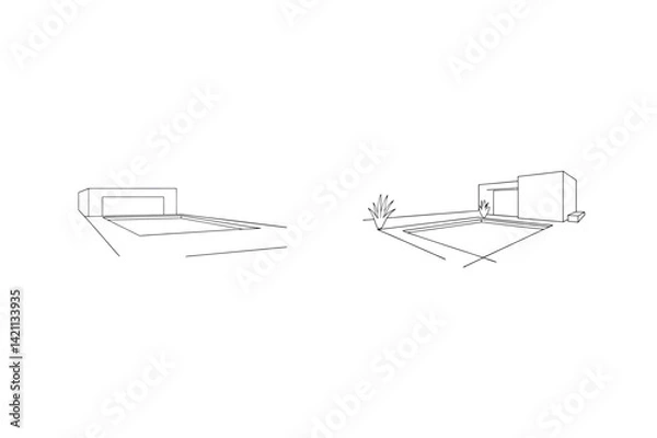 Fototapeta Minimalist Modern House Sketch With Swimming Pool And Landscaping Outline Design