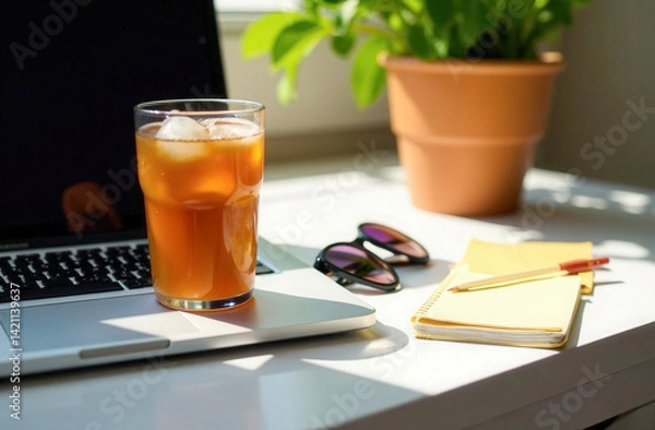 Fototapeta Summer workspace: still life with laptop, notebook, glasses and summer lemonade on the table