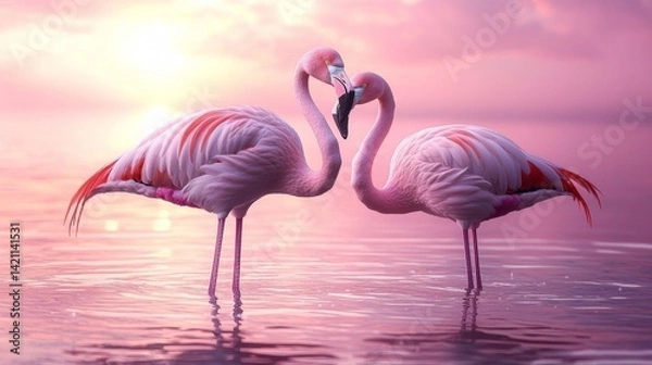 Fototapeta two flamingos standing in the water at sunset