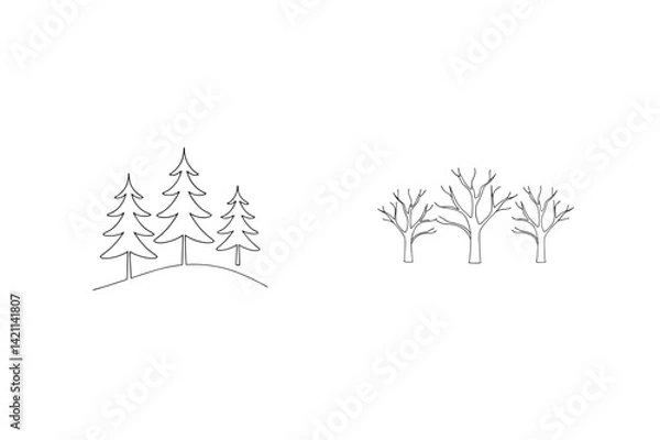 Fototapeta Line Art Illustration Of Winter Trees And Evergreen Trees
