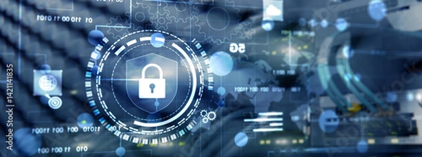 Fototapeta Cyber protection shield icon on server room background. Information Security 2025