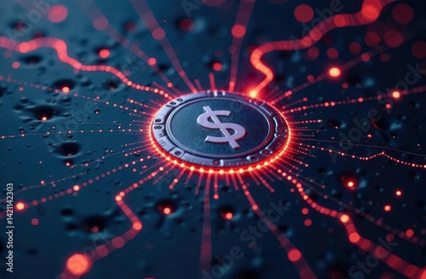 Fototapeta Bitcoin, Cyberspace filled with digital coins and charts, glowing neon hues