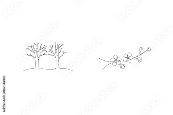Fototapeta Minimalist Line Art With Trees And Blossoms For Spring Designs