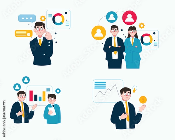 Fototapeta Funny business cartoon characters with various poses and elements, symbolizing strategy, teamwork, and success.